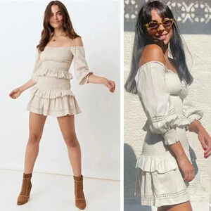 NEW Spell Lola Ruched Mini Skirt Biscuit Cottagecore Linen Bohemian Prairie
